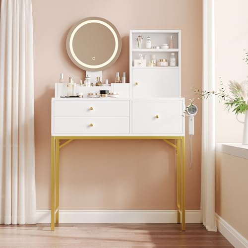NADEUSAK Großer Schminktisch,3 Schubladen & 1 Türn,1 Spiegel undVisualisierung des Stauraums auf dem Schreibtisch Maße:40×80×134cm (Weiß+ Gold) von NADEUSAK