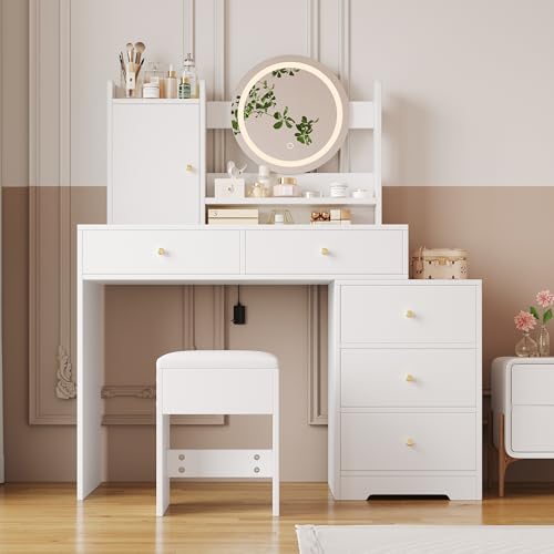 NADEUSAK Großer Schminktisch,Steckdosen und Spiegel – inkl. 1 Hocker,5 Schubladen & 1 Türfach,Maße:120×130cm (Weiß) von NADEUSAK