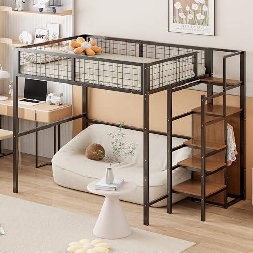 NADEUSAK Hochbett,mit Leiter,Kinderbett mit Eisenrahmen und Aufbewahrungsregal,Kleiderschrank (Schwarz, 140x200cm) von NADEUSAK