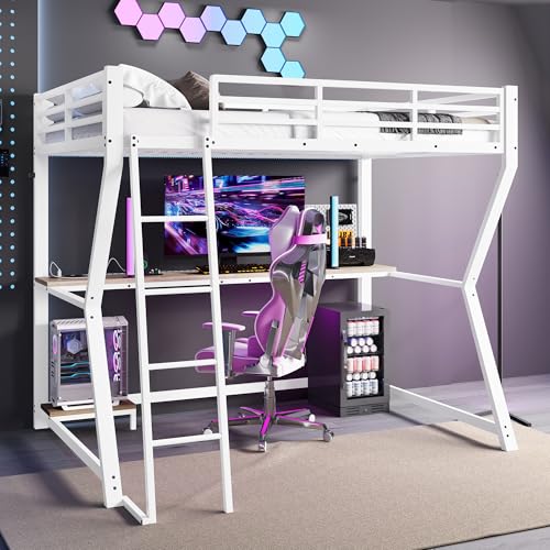 NADEUSAK Hochbett 90 * 200cm Computerkonsolenablage Schreibtisch Steckdose Geländer Treppe ohne Matratze Weiß von NADEUSAK