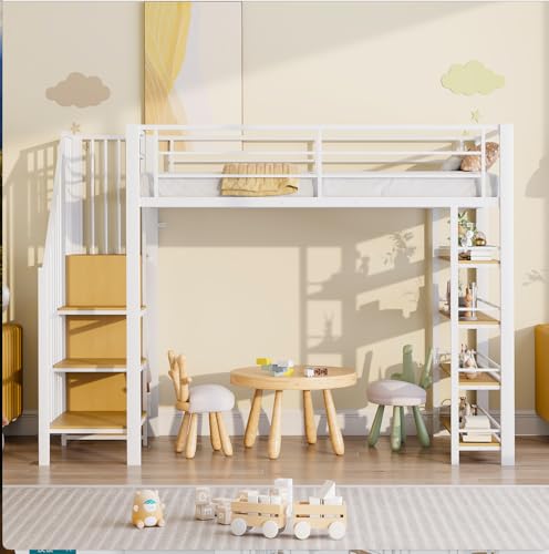 NADEUSAK Hochbett 90 * 200cm mit Sicherheitstreppe Stauraum und kleinem Kleiderschrank Einlegeböden hohes Zaundesign Einzelbett Jugendbett Weiß von NADEUSAK