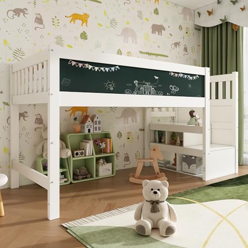 NADEUSAK Hochbett 90x200cm Kinderbett mit Whiteboard & Tafel,Speicherung und Rausfallschutz,Weiss für Kinder,Lattenrost,Weiß (Ohne Matratze) von NADEUSAK