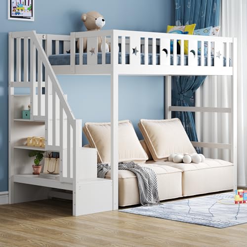 NADEUSAK Hochbett für Kinder mit Treppe,90x200cm,Doppelbetten,Hochbett aus Massivholz mit Sicherheitsgeländer,Stern- und Monddekoration ﻿ (Weiß) von NADEUSAK