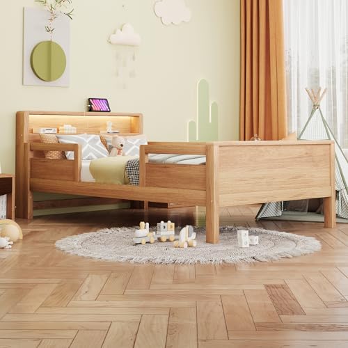 NADEUSAK Holzbett 90x200cm Kopfteil mit Ablagefunktion, Kinderbett Einzelbett Multifunktionsbett Kiefernholz (Holzfarbe) von NADEUSAK