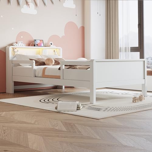 NADEUSAK Holzbett 90x200cm Kopfteil mit Ablagefunktion, Kinderbett Einzelbett Multifunktionsbett Kiefernholz (Weiß) von NADEUSAK