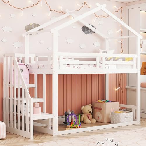 NADEUSAK Kinderbett 90 x 200 cm Niedriges Etagenbett Mit Sicherheitstreppe Massivholzgestell Weiß Mit Lattenrost Ohne Matratze NADEUSAK Kinderbett 90 x 200 cm Niedriges Etagenbett Mit Sicherheitstreppe Massivholzgestell Weiß Mit Lattenrost Ohne Matratze von NADEUSAK
