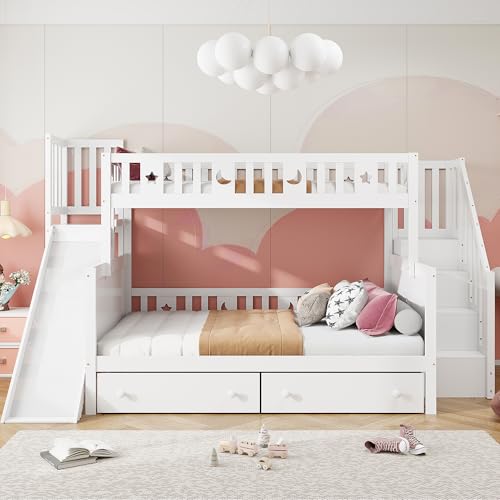 NADEUSAK Kinderbett Massivholz-Etagenbett 90 * 200/140 * 200 cm mit Rutsche und Regal mit Sicherheitsstufen Zwei großen Schubladen und Lattenrost Weiß NADEUSAK Kinderbett Massivholz-Etagenbett 90 * 200/140 * 200 cm mit Rutsche und Regal mit Sicherheitsstufen Zwei großen Schubladen und Lattenrost Weiß von NADEUSAK