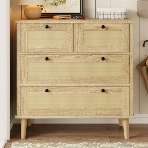 NADEUSAK Kommode mit Vier Schubladen,Rattanschubladen, Aufbewahrungsschrank,Beine aus Massivholz Holzfarbe 80x80cm (Holzfarbe) von NADEUSAK