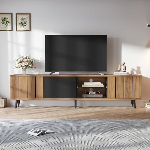 NADEUSAK Lowboard Fernsehschrank 175x31.5x45cm für Wohnzimmer, TV-Ständer mit 3 Schränken, Wohnzimmerschrank Holzoptik Schwarz passend für 75-Zoll-Fernseher von NADEUSAK