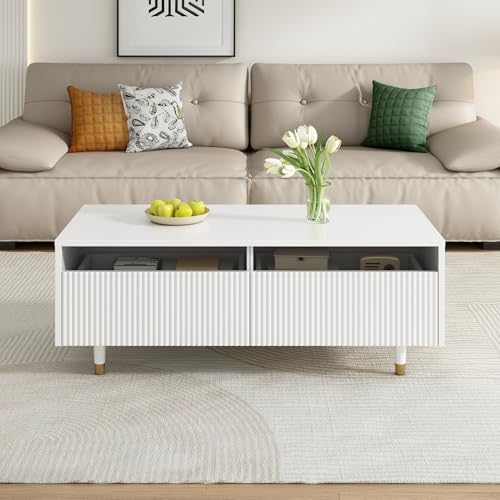 NADEUSAK Moderne Couchtisch eine gewellte Schubladenplatte, Gold-weiße Beine, Zwei Schubladen Weiß 50x110cm (Weiß) von NADEUSAK
