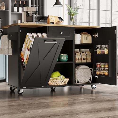 NADEUSAK Moderne Kücheninsel,Küchenschrank für Mülleimer,Multifunktionale Esstisch mit Speicherraum,Speisewagen mit Snackregalen und Stretchfunktionsschränken(Schwarz, 90x140cm) von NADEUSAK
