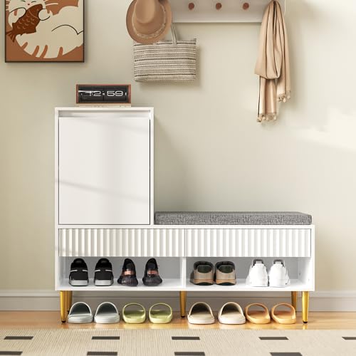 NADEUSAK Moderner Schuhschrank 100 * 35 * 90cm mit Sitzbank, 1 Tür, 2 Schubladen, 2 offenen Ablagefächern, gepolstert, Weiß NADEUSAK Moderner Schuhschrank 100 * 35 * 90cm mit Sitzbank, 1 Tür, 2 Schubladen, 2 offenen Ablagefächern, gepolstert, Weiß von NADEUSAK
