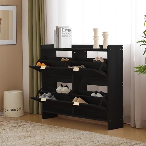 NADEUSAK Moderner Schuhschrank B110/H90/T24 cm,mit 4 Klappenfächern,freistehendem Schuhregal,offenen Ablageflächen,geeignet für Eingangsbereich oder Flur,Schwarz von NADEUSAK