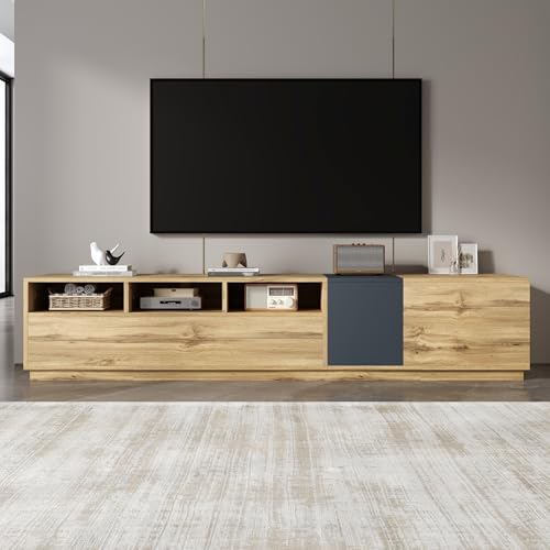 NADEUSAK Moderner TV-Ständer in Kontrastfarben,Mit schlichtem,Kontrastreichem Design Mit offenen Fächern und Kabelöffnungen 50x200cm (Holzfarbe+Schwarzgrau) von NADEUSAK