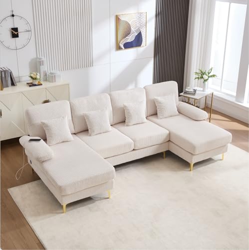 NADEUSAK Modernes U-Sofa mit Massivholzrahmen,4 Kissen und ergonomischer Rückenlehne,Beige von NADEUSAK