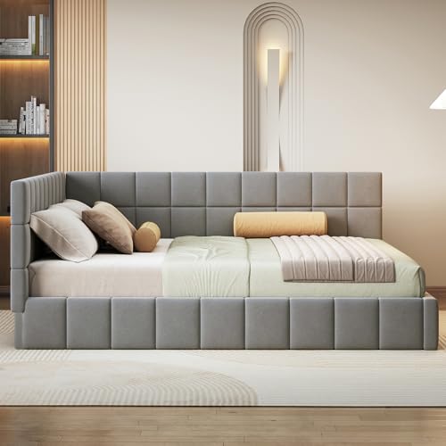 NADEUSAK Polsterbett,Schlafsofa,160x200cm,Multifunktionsbett mit Lattenrost aus hautsympathischem Samtstoff (Grau) von NADEUSAK