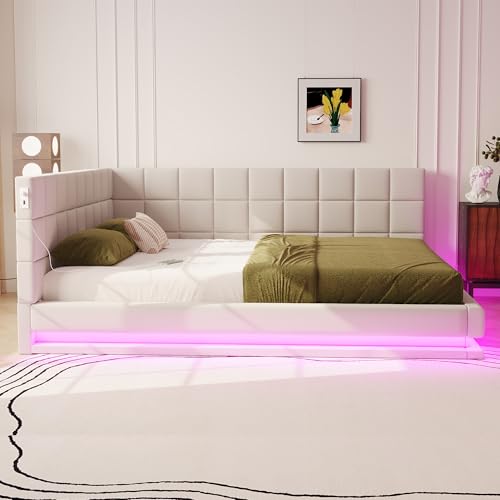 NADEUSAK Polsterbett,Schlafsofa,160x200cm,Multifunktionsbettmit LED Lichtleiste, USB Steckdose und Lattenrost,Samtstoff (Beige1) von NADEUSAK