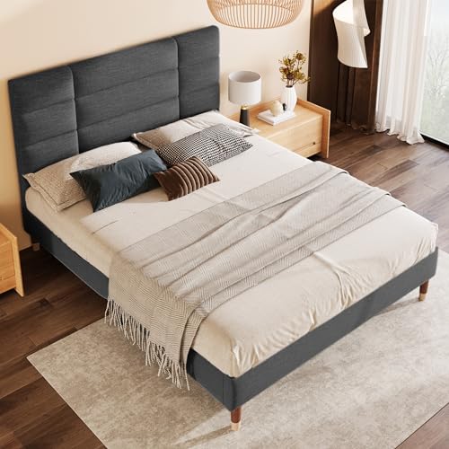 NADEUSAK Polsterbett 140x200cm Doppelbett mit Lattenrost gepolsteres Bettgestell mit Kopfteil in Dunkelgrau Leinen für Erwachsene Jugendliche Mit Matratze von NADEUSAK