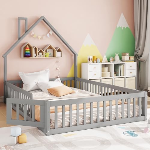 NADEUSAK Polsterbett 140x200cm Kinderbett Schornsteinform Bett mit Lattenrost ohne Matratze Kiefernholz Minimalistischer Stil Grau von NADEUSAK