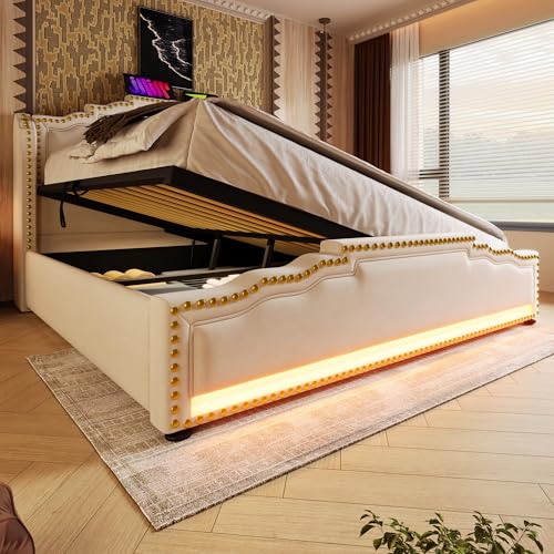 NADEUSAK Polsterbett 160x200cm Doppelbett hydraulischem Stauraum Stauraumbett Jugendbett Lattenrost Samt Beige ohne Matratze von NADEUSAK
