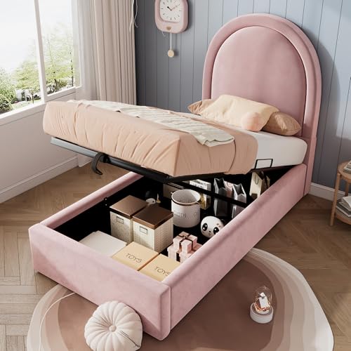 NADEUSAK Polsterbett 90x190cm Kinderbett Einzelbett Rosa Samt für Jungen & Mädchen (Ohne Matratze) von NADEUSAK