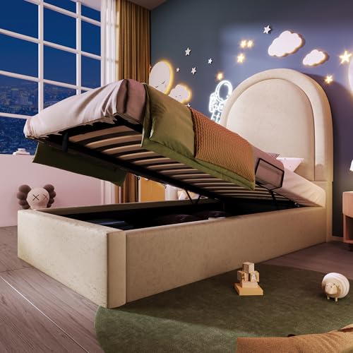 NADEUSAK Polsterbett 90x200 cm Kinderbett Einzelbett mit kosmischem Muster Beige PU für Jungen & Mädchen (Ohne Matratze) von NADEUSAK