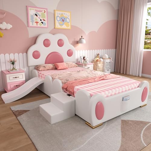 NADEUSAK Polsterbett 90x200 cm mit Kopfteil in Form Einer Katzenpfote Kinderrutschen Leiter PU-Oberfläche Weiß Rosa Einzelbett Kinderbett ohne Matratze NADEUSAK Polsterbett 90x200 cm mit Kopfteil in Form Einer Katzenpfote Kinderrutschen Leiter PU-Oberfläche Weiß Rosa Einzelbett Kinderbett ohne Matratze von NADEUSAK