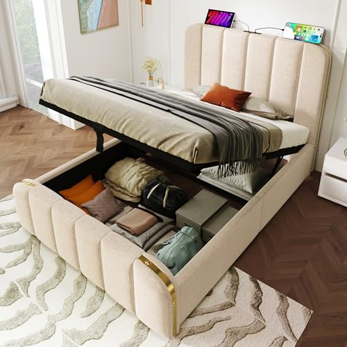 NADEUSAK Polsterbett 90x200cm Einzelbett, gepolstertes Kopfteil mit goldenen Zierstreifen,Beige Leinen-Material Hydraulisches Lagerbett (Ohne Matratze) von NADEUSAK