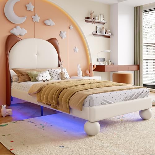 NADEUSAK Polsterbett 90x200cm Einzelbett Kinderbett PU Beige Gelbbraun Katzenohren-Kopfteil Stabile Lattenroste Ohne Matratze von NADEUSAK