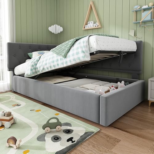 NADEUSAK Polsterbett 90x200cm Tagesbett Daybett Schlafsofa mit hydraulischem Stauraum Jugendbett Bettgestell mit Lattenrost aus Holz Samt Grau ohne Matratze NADEUSAK Polsterbett 90x200cm Tagesbett Daybett Schlafsofa mit hydraulischem Stauraum Jugendbett Bettgestell mit Lattenrost aus Holz Samt Grau ohne Matratze von NADEUSAK