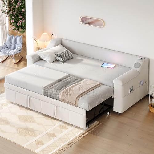NADEUSAK Polsterbett Schlafsofa,90/180 * 190cm,Armlehnen Breiter und Dicker,Smart Bluetooth-Stereoanlage, USB-Ladeanschluss,Ablagefächern,Lattenrost,Samtstoff (Beige) von NADEUSAK