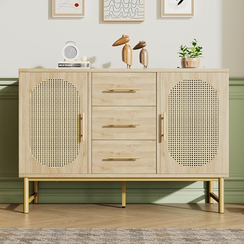 NADEUSAK Rattan kommode Sideboard mit 3-Schubladen und 2-Rattan-Türer,komodenschrank, Schminktisch, für Schlafzimmer und Wohnzimmer Verstellbare Regale Kippschutz Sonoma Eiche (Oak) von NADEUSAK