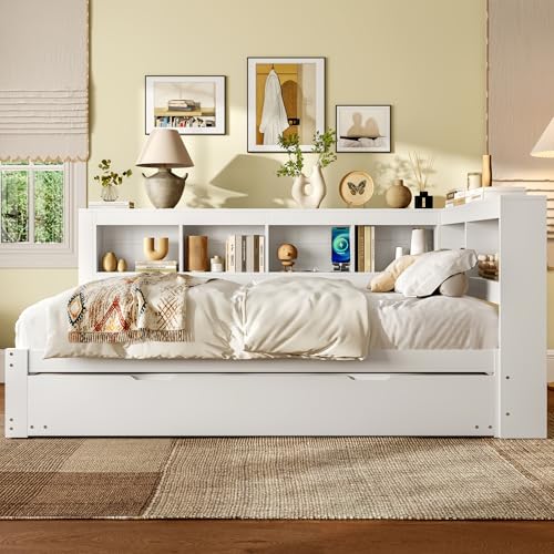 NADEUSAK Schlafsofa 140x200cm Daybett Tagesbett mit ausziehbarem Bett Bett mit Lattenrost (ohne Matratze) Spanplatte Weiß von NADEUSAK