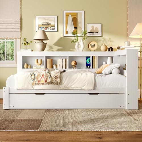 NADEUSAK Schlafsofa 90x200cm Daybett Tagesbett mit ausziehbarem Bett Bett mit Lattenrost ohne Matratze Spanplatte Weiß von NADEUSAK