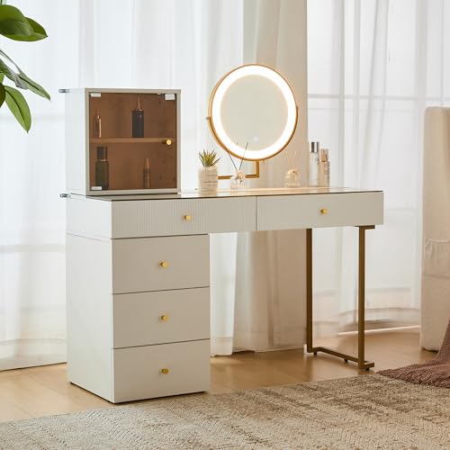 NADEUSAK Schminktisch-Set mit Spiegel transparenter Tischplatte aus gehärtetem Glas Schminktisch-Seite und Schrank Elegante Möbel Weiß 115x120 cm(ohne Hocker) von NADEUSAK