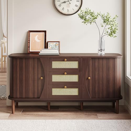 NADEUSAK Sideboard,Rattankommode,Kommode mit Schiebetüren,Verstellbaren Einlegeböden,Gewölbter Platte,80x140cm (Dark holzfarbe) von NADEUSAK