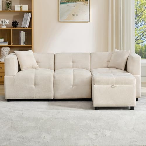 NADEUSAK Sofa 3-Sitzer, Ecksofa mit Stauraum, L-förmiges Ecksofa mit abnehmbarem Fußhocker und 2 Kissen, geeignet für Wohnzimmer, Büro usw. Video verfügbar,130x200cm, Beige von NADEUSAK