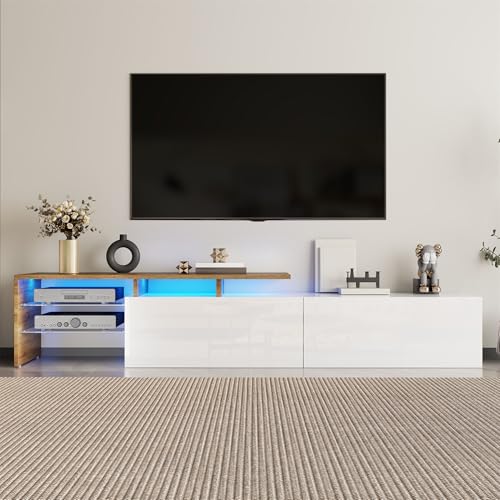 NADEUSAK TV-Schrank Modern Design Stilvoll Elegant Praktischer Stauraum Hochglanzweiß Holzoptik Glasböden von NADEUSAK