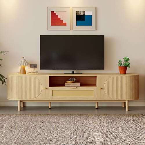 NADEUSAK TV-Schrank mit Rattan-Schubladen Offenen Fächern Abgerundeter Tischplatte Metallbeinen in Holzoptik Multifunktionales Wohnzimmermöbel von NADEUSAK