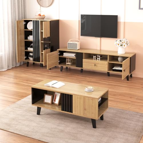 NADEUSAK Wohnzimmermöbel Set 3-teilig(Couchtisch, TV-Schrank & Sideboard) modernes Design in Holz und Schwarz–Viel Stauraum (Holz+Schwarz) von NADEUSAK