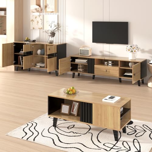 NADEUSAK Wohnzimmermöbel Set 3-teilig(Couchtisch, TV-Schrank & Sideboard) modernes Design in Holz und Schwarz–Viel Stauraum (Holz+Schwarz 1) von NADEUSAK