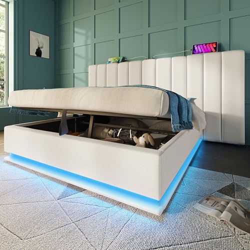 Polsterbett 180×200cm Stauraumbett Doppelbett mit App Control Ladefunktion Bettgestell mit Lattenrost PU Weiß Ohne Matratze und Nachttisch Polsterbett 180×200cm Stauraumbett Doppelbett mit App Control Ladefunktion Bettgestell mit Lattenrost PU Weiß Ohne Matratze und Nachttisch von NADEUSAK