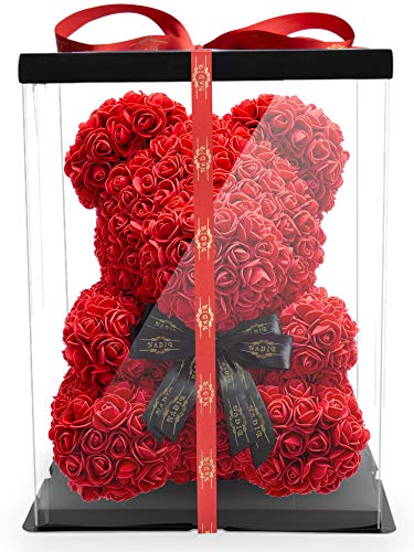 NADIR 25cm 40cm 70cm Blumenbär Rosenbären mit Schleife/inklusive vorverpackter Geschenkbox/Valentinstag Muttertag Geburtstag Jahrestag Infinity Rosebear Bär aus Rosen Teddybär Blütenbär von NADIR