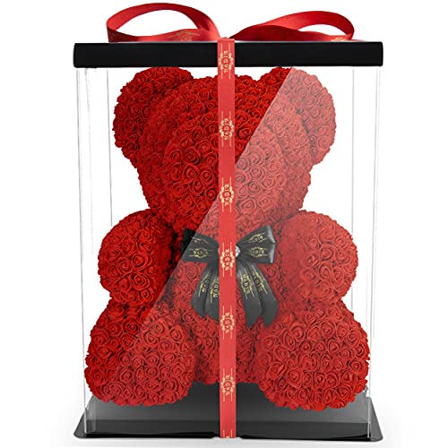 NADIR 70cm Blumenbär mit Schleife/inklusive vorverpackter Geschenkbox/Valentinstag Muttertag Geburtstag Jahrestag Infinity Rosebear Bär aus Rosen Flower Teddy Teddybär Blütenbär (Rot, 70 cm) von NADIR