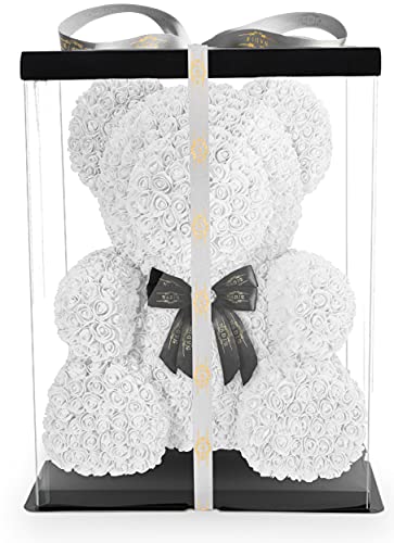 NADIR 70cm Blumenbär mit Schleife/inklusive vorverpackter Geschenkbox/Valentinstag Muttertag Geburtstag Jahrestag Infinity Rosebear Bär aus Rosen Flower Teddy Teddybär Blütenbär (Weiß, 70 cm) von NADIR