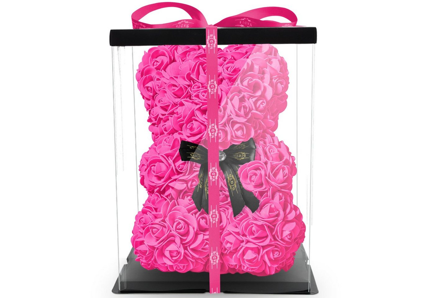 Kunstblume NADIR Rosenbär 25 cm mit Schleife / inklusive vorverpackter Geschenkbox/ Valentinstag Muttertag Geburtstag Jahrestag Infinity Rosebear Bär aus Rosen Flower Teddy Teddybär Blütenbär Künstliche Pflanze, NADIR von NADIR