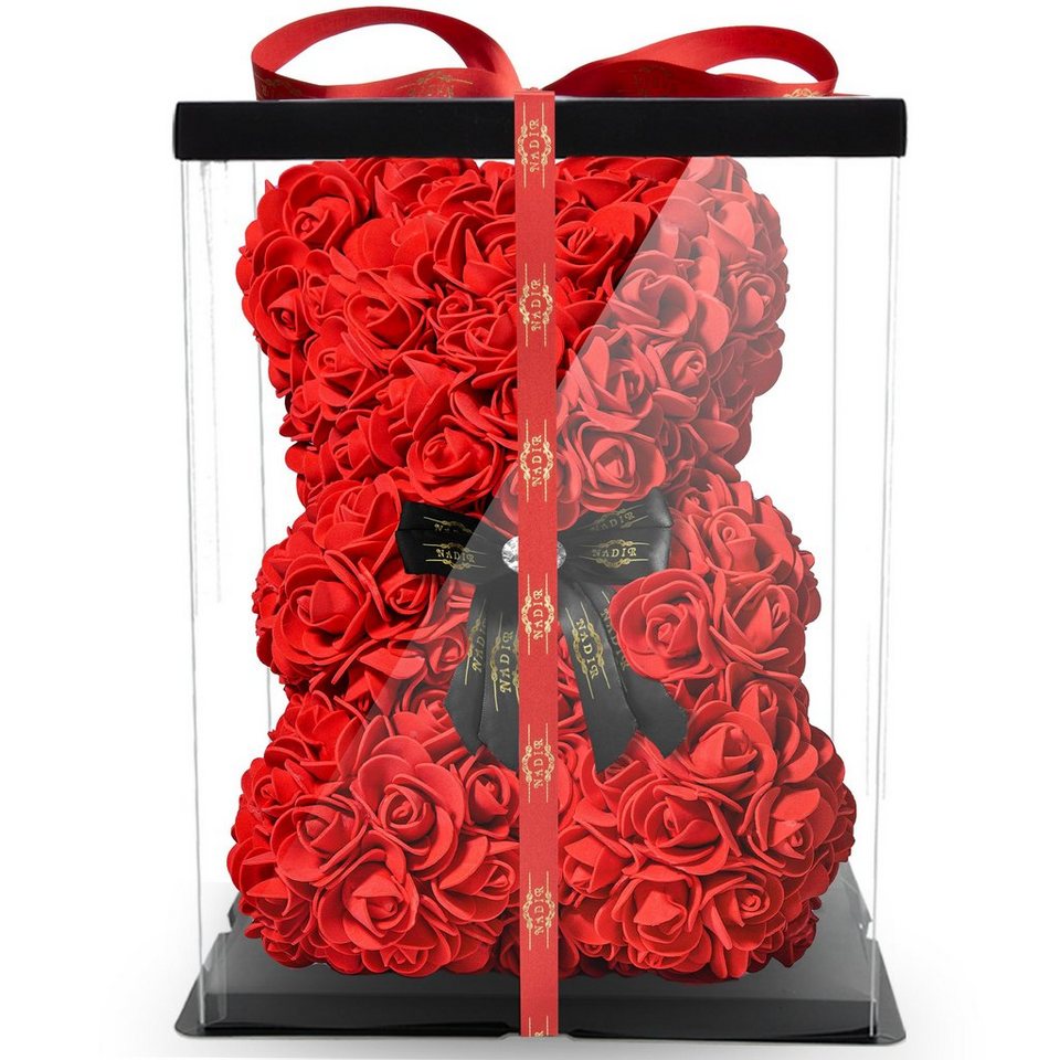 Kunstblume NADIR Rosenbär 25 cm mit Schleife / inklusive vorverpackter Geschenkbox/ Valentinstag Muttertag Geburtstag Jahrestag Infinity Rosebear Bär aus Rosen Flower Teddy Teddybär Blütenbär Künstliche Pflanze, NADIR von NADIR