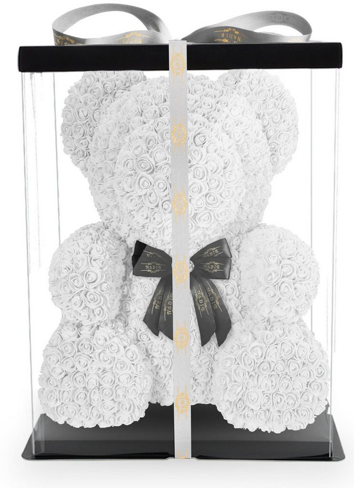 Kunstblume NADIR Rosenbär 70 cm mit Schleife / inklusive vorverpackter Geschenkbox/ Valentinstag Muttertag Geburtstag Jahrestag Infinity Rosebear Bär aus Rosen Flower Teddy Teddybär Blütenbär Künstliche Pflanze, NADIR von NADIR