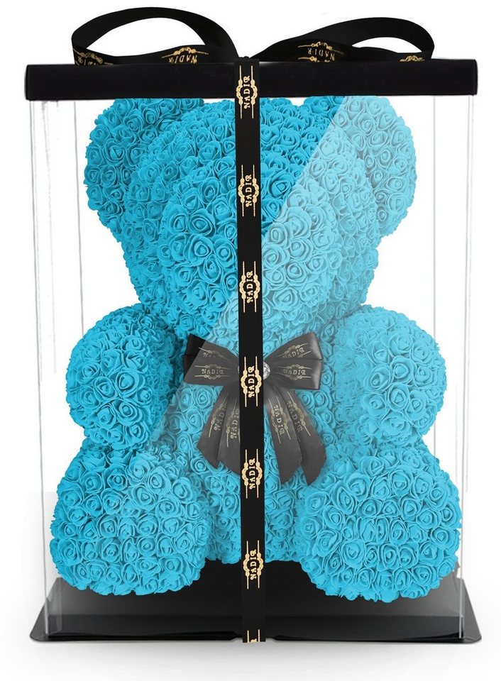 Kunstblume NADIR Rosenbär 70 cm mit Schleife / inklusive vorverpackter Geschenkbox/ Valentinstag Muttertag Geburtstag Jahrestag Infinity Rosebear Bär aus Rosen Flower Teddy Teddybär Blütenbär Künstliche Pflanze, NADIR von NADIR