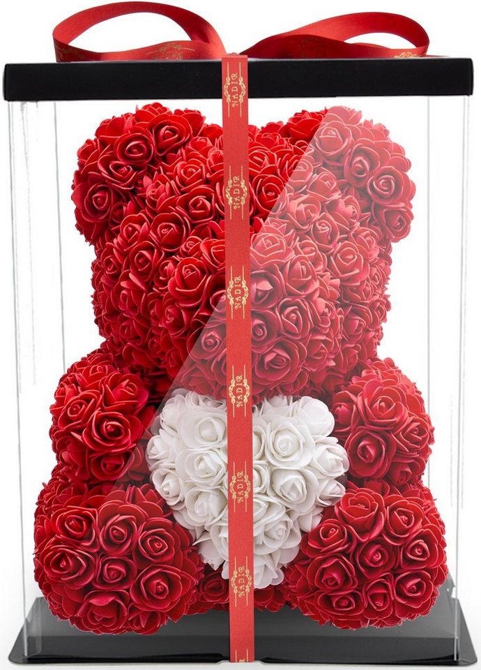 Kunstblume Rosenbär 40 cm inkl. Geschenkbox mit Herz - Geschenk für Freundin Jahrestag Geburtstag Hochzeit, NADIR, Größe: 40 cm, inklusive Geschenkbox von NADIR